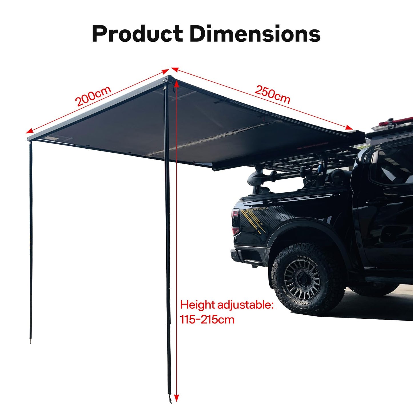 KOSTA Black Aluminum Hard-Shell Awning (2m，LED Light)